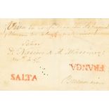 1846. SALTA a BUENOS AIRES. Marcas SALTA y FRANCA, ambas en rojo y manuscrito "Viva la