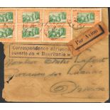 1929. 50 cts orange over green, seven stamps. THIES (SENEGAL) to GARANOU (FRANCE). Airplane of the