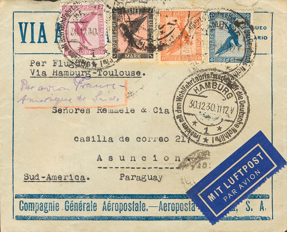1930. 15 pf, 20 pf, 50 pf and  1m. Cover of the Company General Aeropostal from HAMBURG to