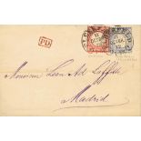 1872. 2 g blue and 1 g carmine. ELBERFELD to MADRID. Horseshoe date stamp cancel ELBERFELD. VERY