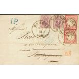 1875. 1 g pink carmine, two stamps and 5 p lilac, two stamps. BARMEN to LA JUNQUERA, mistakenly sent