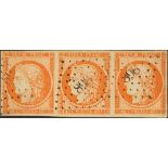 40 cts orange, strip of three (one having invisible crease). Lozenge small number 898 cancel, from