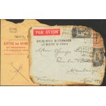 1929. 1 fr on 1 fr lie de vin and 25 cts blue, two stamps. Airmail crash cover from CASABLANCA to