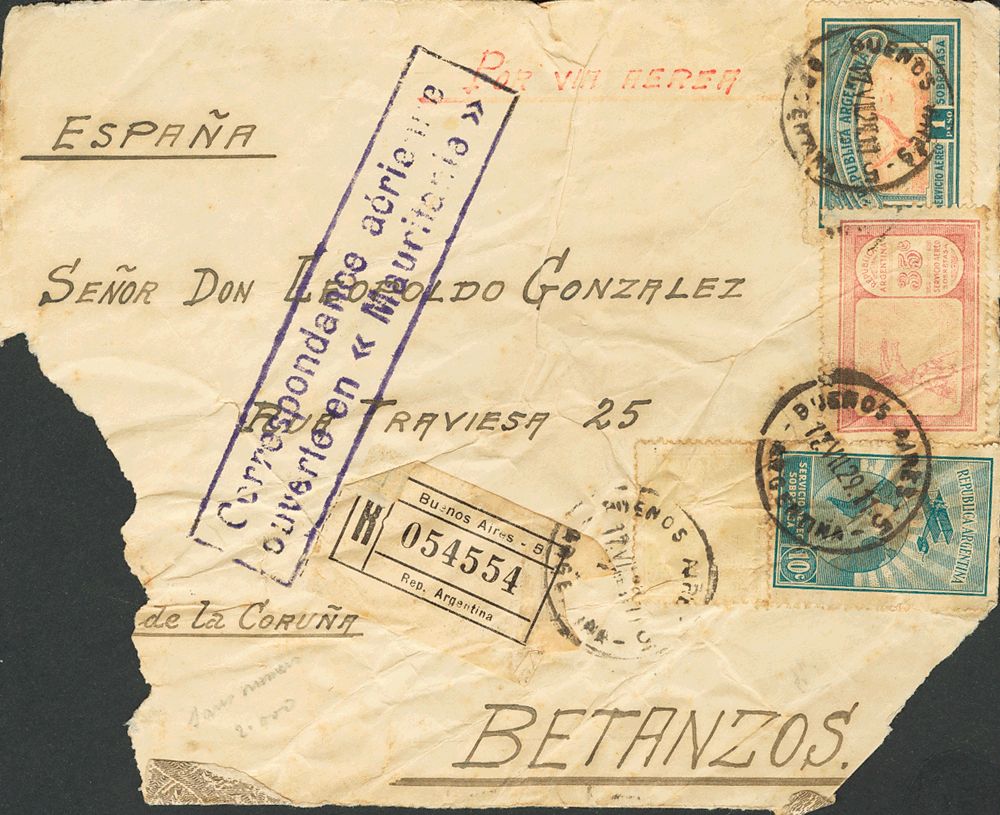 1929. 10 cts blue green, 35 cts pink and 1 peso blue and black. On front BUENOS AIRES to BETANZOS.