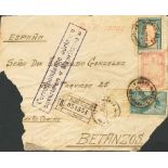 1929. 10 cts blue green, 35 cts pink and 1 peso blue and black. On front BUENOS AIRES to BETANZOS.