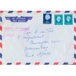 1974. 25 cts dark blue and 35 cts blue green, two stamps. Air mail from ROTTERDAM to JOHANNESBURG (