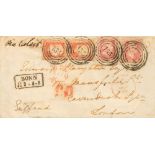 1858. 1 s pink, two stamps and 6 p orange, two stamps. BONN to LONDON (ENGLAND). Numeral cancel "