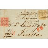 (1868ca). 1 g pink and 5 g bistre brown. Front cover from WESSELING to SEVILLE. Rectangular date