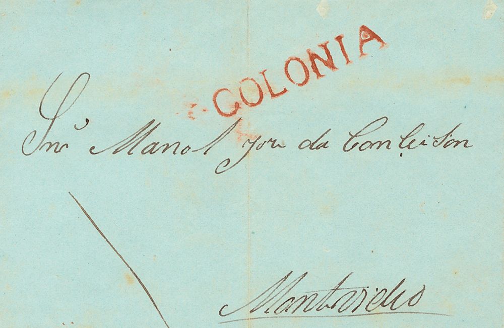 1841. COLONIA DEL SACRAMENTO a MONTEVIDEO. Marca COLONIA, en rojo. MAGNIFICA Y RARA.