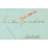 1841. COLONIA DEL SACRAMENTO a MONTEVIDEO. Marca COLONIA, en rojo. MAGNIFICA Y RARA.