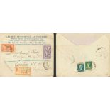 1927. 2 fr orange, 10 cts green, 1'50 fr blue (on reverse) and 3 fr purple. Registered cover of