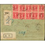 1905. 2 ctvos rojo, diez sellos y al dorso 5 ctvos azul, dos sellos y 1 ctvo sobre 20 ctvos azul,