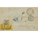 1858. ½ black over  green and 3 s black over yellow, pair. HAMBURG to BILBAO. Numeral cancel "