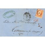 1865. 40 cts orange. BAYONNE (FRANCE) to TARAZONA (SPAIN). Lozenge of dots "B.I." cancel (Bordeaux-