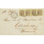 1879. 5 cts green and grey, four stamps (one with archive crease). SAINT THOMAS to CARACAS (