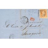 1861. 40 cts orange cut in lines. PARIS to ZARAGOZA (SPAIN). Tied with lozenge of dots "J". VERY