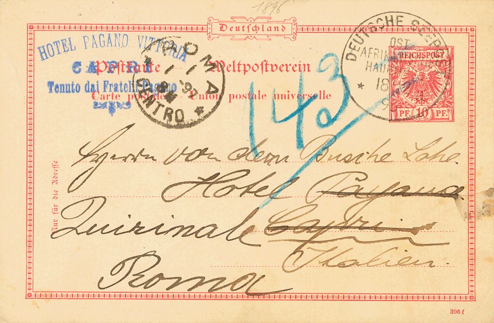 1879. 10 pf pink on Postal Stationery card from ADEN to CAPRI (Hotel Pagano) and readdressed to