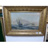 Circa 1900 Oil on Canvas Depicting Sail & Steam Boats in an Ornate Gilt Frame