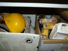 Box Containing Painter's Painting & Decorating Equipment - Knotting Fluid - Safety Helmets etc