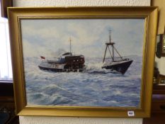 Framed Oil on Board Depicting a Trawler in Rough Seas by L Hunter