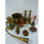 Box Containing Brass Candle Sticks - Copper Wares etc