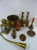 Box Containing Brass Candle Sticks - Copper Wares etc