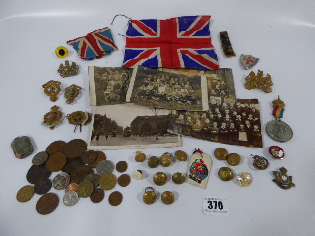 Tray Containing Military Cap Badges - Buttons - Coins - Postcards etc