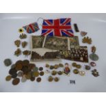 Tray Containing Military Cap Badges - Buttons - Coins - Postcards etc