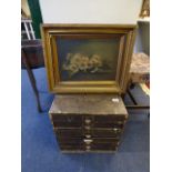 Filing Cabinet Containing Clock & Watch Makers Spare Parts & Victorian Canvas Oil Painting Depicting