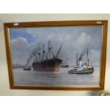Framed Oil on Board Depicting The Tug Airman Towing a Ship to the Scrap Yard
