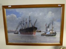 Framed Oil on Board Depicting The Tug Airman Towing a Ship to the Scrap Yard