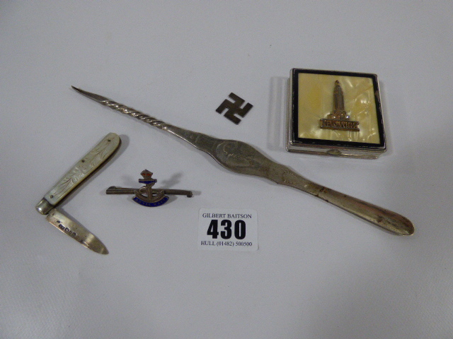 Silver Fruit Knife - Silver Swastika  - Royal Navy Badge - Art Deco Compact etc