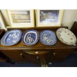 3 Blue & White Meat Plates & 2 Others