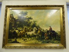 Gilt Framed Canvas Oil Painting Depicting a Horse Fair