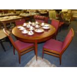 Oak Circular Dining Table with Red Leather Insert & 7 Chairs