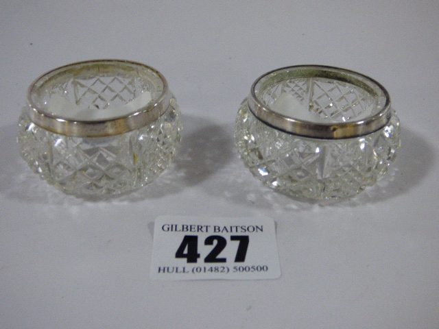 Pair of Cut Glass Silver Rimmed Salts