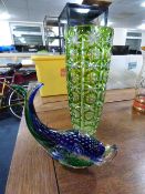 Murano Style Glass Fish & Green Cut Glass Vase