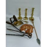 3 Georgian Brass Candlesticks - Flat Irons - Fire Irons etc