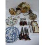 Box Containing Royal Doulton Plates - Magnifying Glasses - Cutlery - Glass Paper Weights etc