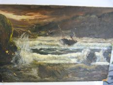 Unframed Oil Painting Depicting A Distressed Trawler