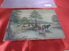 Unframed Water Colour Card J.Wainwright 1914 - Cattle At River