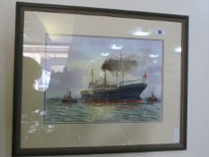 Framed Water Colour Depicting a Steam Ship