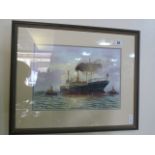 Framed Water Colour Depicting a Steam Ship