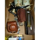 Box Containing Vintage Cameras - Lamp Shades - Cutlery etc