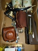 Box Containing Vintage Cameras - Lamp Shades - Cutlery etc