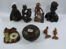 Collection of African Carved Figurines - Treen Bowl & Barometer