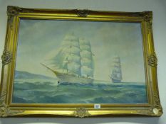 Gilt Framed Oil Painting Depicting Sailing Ships