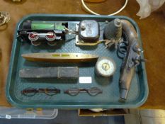 Tray Consisting of Hornby Loco, Vintage Door Bell, Glasses etc
