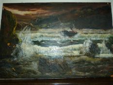 Oil Canvas Depicting A Distressed Trawler