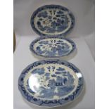 3 Vintage Blue & White Large Oval Platters